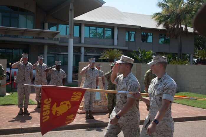 U.S. Marine Corps Maj. Gen. Richard Simcock and Australian Brig. Mick Ryan salute Marines with 1st Battalion, 4th Marine Regiment, Marine Rotational Force – Darwin, as they pass in review Oct. 5 at the end of a farewell ceremony hosted by 1st Brigade, Australian Army, at Robertson Barracks, Northern Territory, Australia. Simcock and Ryan congratulated the Marines on their hard work and the amount of effort they’ve shown throughout their time participating in training exercises, performing community services and immersing in Australian culture. The rotational deployment of U.S. Marines in Australia affords an unprecedented combined training opportunity with our allies and improves interoperability between our forces. Simcock is the commanding general of 3rd Marine Division, III Marine Expeditionary Force and Ryan is the commander of 1 BDE. (U.S. Marine Corps photo by 1st Lt. George McArthur/Released)