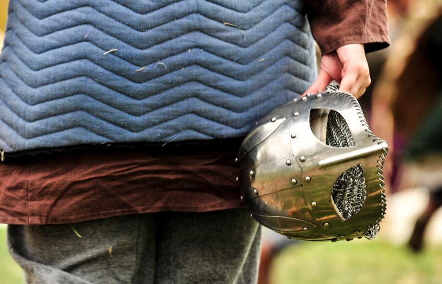 A Viking reenactor carries their helmet during Norsk Høstfest Military Appreciation Day in Minot N.D., Oct. 3, 2015. The reenactors were one of many areas and displays Air Force members and their families were able to experience during Host Fest’s Military Appreciation Day. (U.S. Air Force photo/Senior Airman Stephanie Morris)