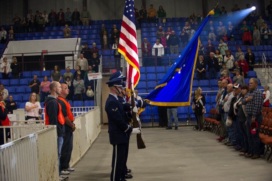Members of the Minot Air Force Base honor guard perform at Norsk Høstfest in Minot, N.D., Oct. 3, 2015. According to their website, Norsk Høstfest is the largest Scandinavian festival in North America. The event celebrates cultures from Norway, Denmark, Sweden, Finland and Iceland. (U.S. Air Force photo/Senior Airman Apryl Hall)