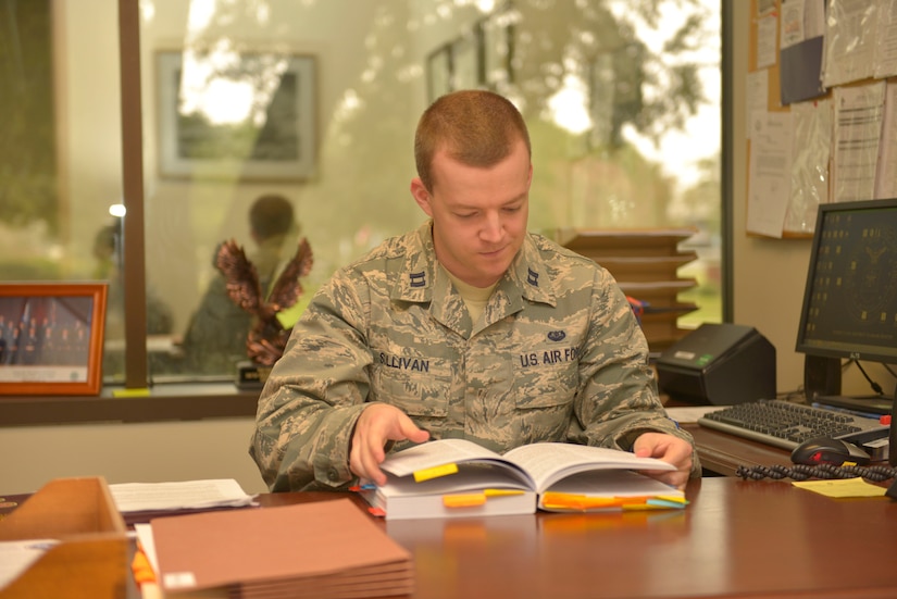 Captain Jeffrey Sullivan, 628th Air Base Wing chief of General Law, does research to respond to an e-mail in the legal office on Joint Base Charleston – Air Base, S.C., Oct. 2, 2015. The legal office is located in building 16000, the base headquarters. (U.S. Air Force photo/Airman 1st Class Thomas T. Charlton)