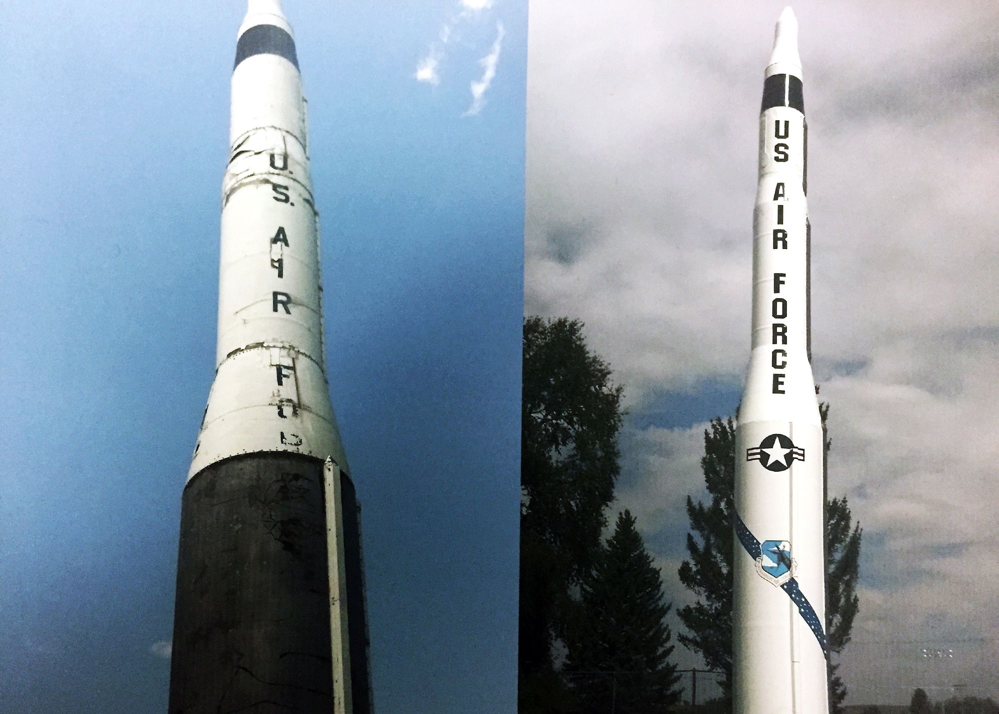 A before and after image of the Minuteman I missile located in Lewistown, Mont.  Volunteers ranging from Airmen to local residents finished restoring the missile in September.   (Courtesy photo)