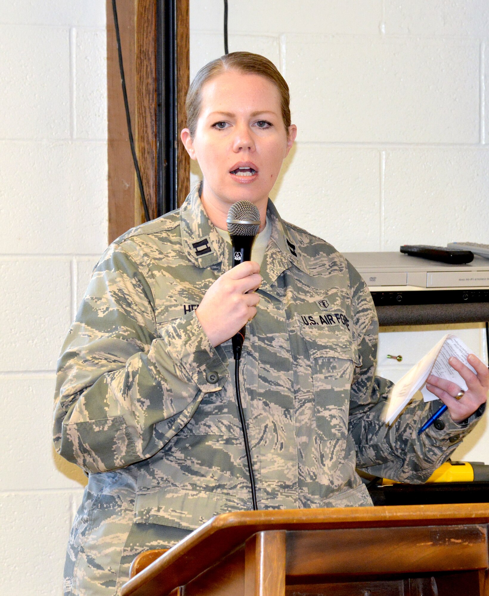 Capt. Joye Henrie, installation suicide prevention program manager, provides suicide prevention training to base leaders at a breakfast Oct. 6. While face-to-face and online trainings and continuous outreach has been impactful in keeping Kirtland suicide free since April 2014, Henri hopes to continue to get people even more engaged in their coworkers' lives.  (Photo by Jamie Burnett)