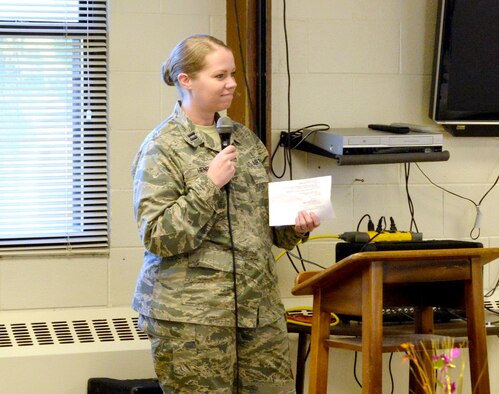 Capt. Joye Henrie, installation suicide prevention program manager, provides suicide prevention training to base leaders at a breakfast Oct. 6. While face-to-face and online trainings and continuous outreach has been impactful, but Henri hopes to get people more engaged in their coworkers' lives. (Photo by Jamie Burnett) 