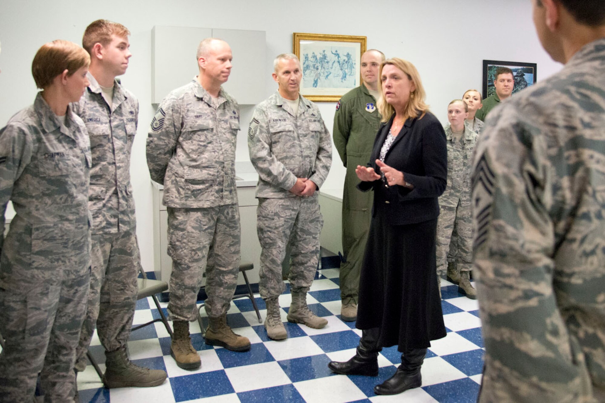 MARTINSBURG, W.Va.-- Secretary of the Air Force Deborah Lee James met with Airmen from the 167th Airlift Wing, Martinsburg, W.Va, to address questions about the future of the Air Force and Air National Guard. James also learned about their recent mission conversion to the C-17 GlobemasterIII and the West Virginia Air National Guard.  Launching the first C-17 mission less than three months after the first aircraft arrival, unit members discussed new opportunities and capabilities for the Total Force. (U.S. Air National Guard photo by Staff Sgt. Jodie Witmer/released)