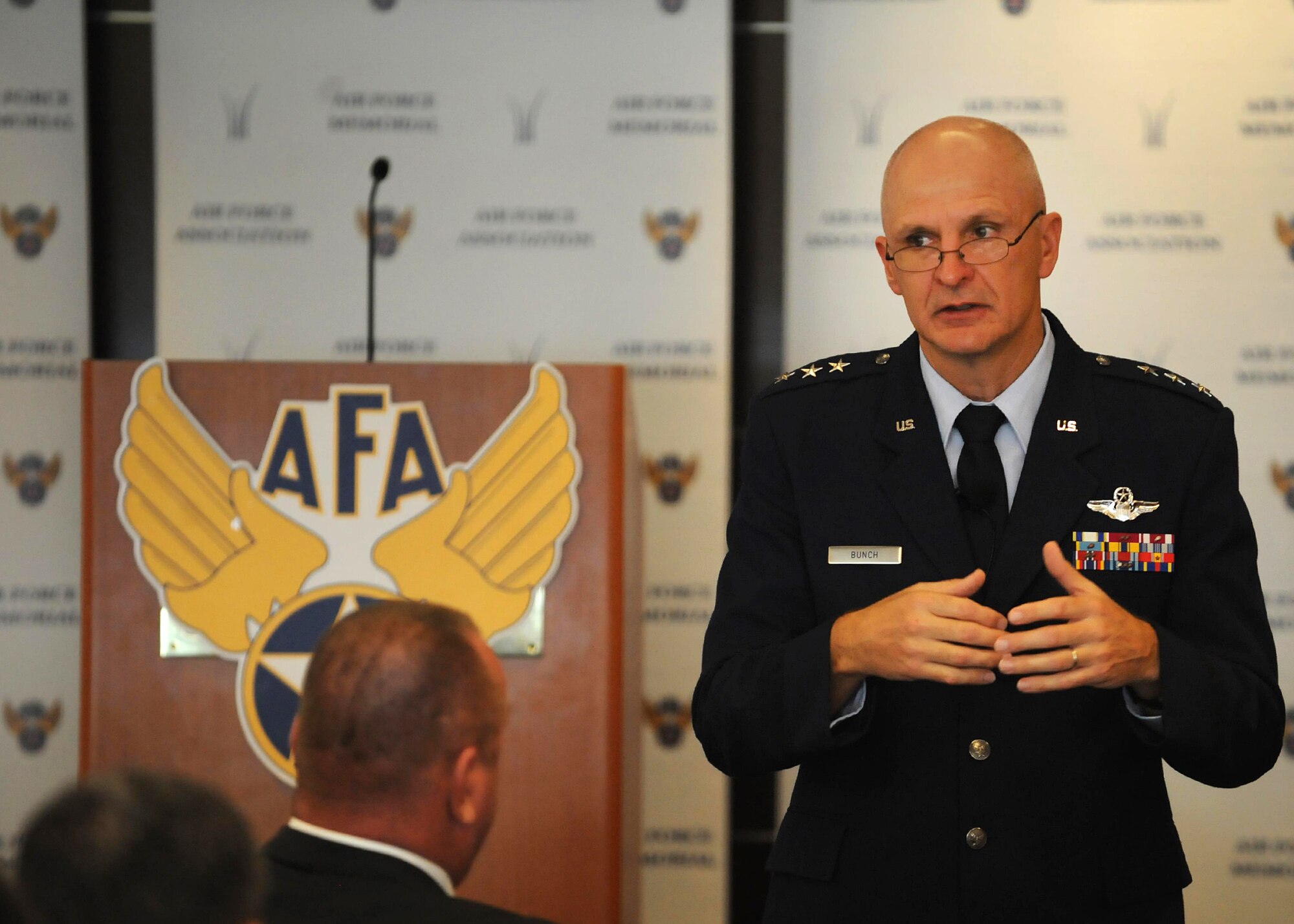 Lt. Gen. Arnold W. Bunch, military deputy assistant secretary of the Air Force for acquisition, speaks at the Air Force Association Air Force monthly breakfast Sept. 24, 2015, in Arlington, Va. Bunch touched on a number of acquisitions topics including programs like Should Cost, Cost Capability Assessments and the idea of a Should Schedule. (Air Force photo/Senior Airman Hailey Haux)