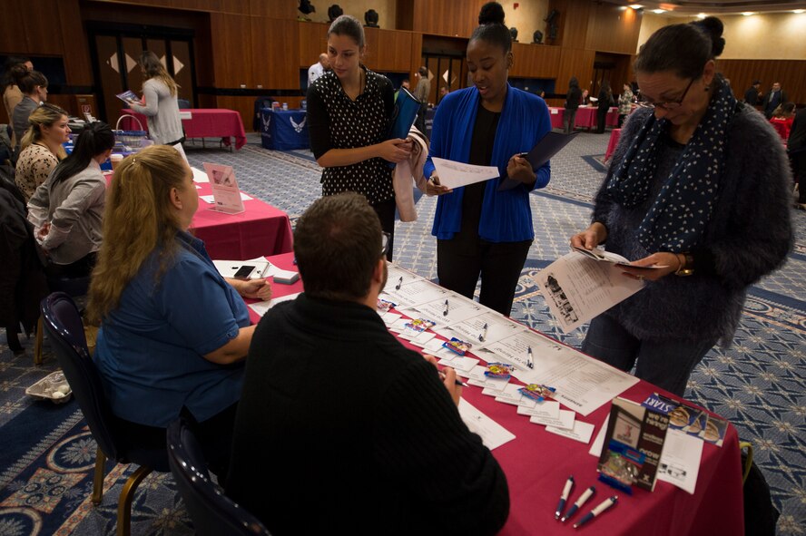 Members of the community attend a job fair at Club Eifel on Spangdahlem Air Base, Germany, Oct. 6, 2015. Present agencies were conducting on-the-spot interviews and in some cases hiring qualified applicants at the job fair. (U.S. Air Force photo by Staff Sgt. Christopher Ruano/Released)