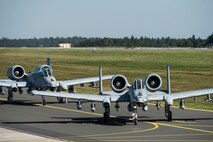 U.S. Air Force A-10 Thunderbolt II attack aircraft, assigned to the 74th Expeditionary Fighter Squadron, taxi on the flightline at Spangdahlem Air Base, Germany, Oct. 2, 2015. The aircraft will forward deploy to locations in Eastern Europe and work alongside NATO allies as part of a Theater Security Package in support of Operation Atlantic Resolve. (U.S. Air Force photo by Staff Sgt. Christopher Ruano/Released)