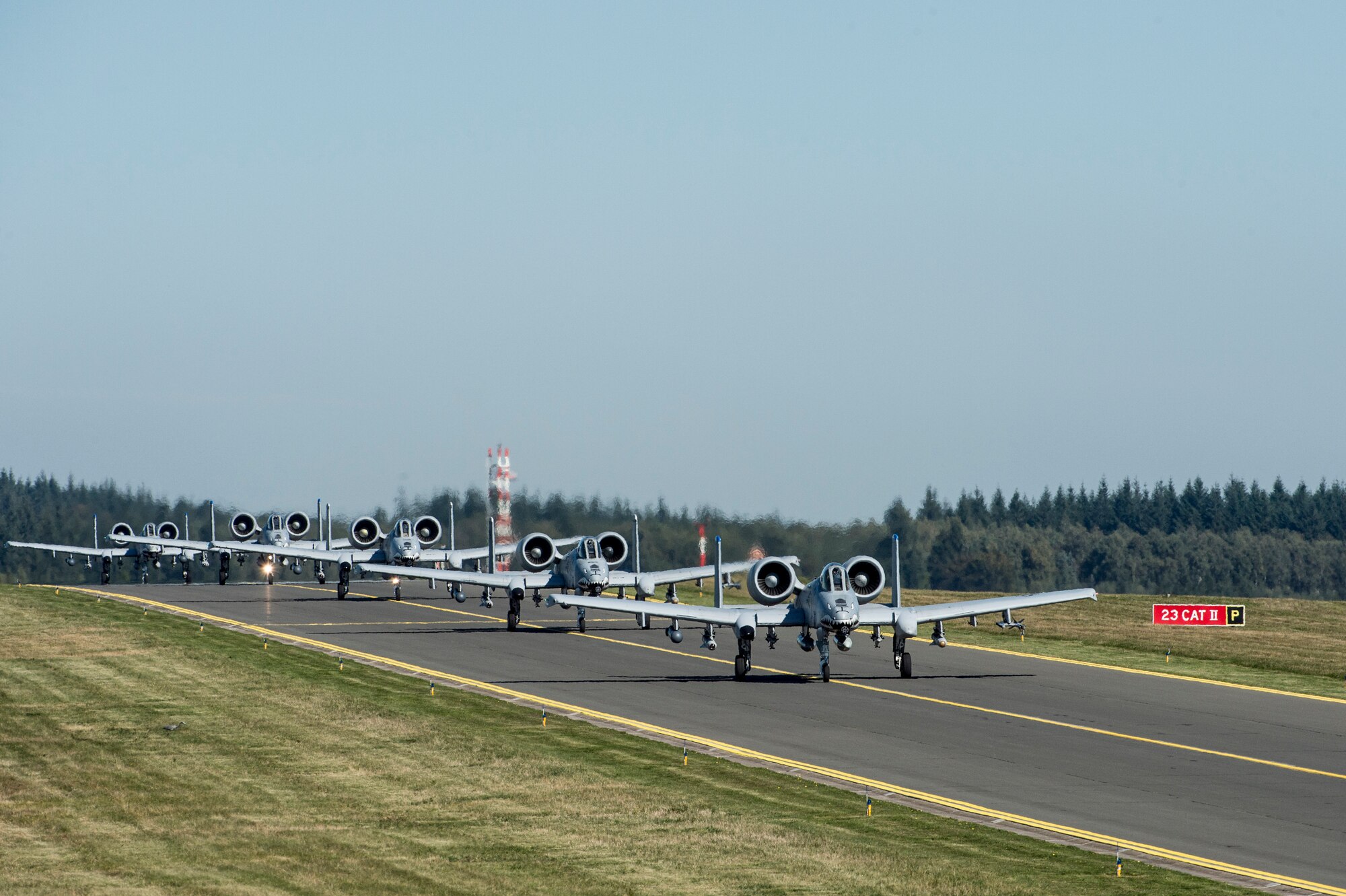 A U.S. Air Force A-10 Thunderbolt II attack aircraft, assigned to the 74th Expeditionary Fighter Squadron, lands at Spangdahlem Air Base, Germany, Oct. 2, 2015. The aircraft forward deployed from Amari Air Base, Estonia, to Spangdahlem to conduct training with nearby bases and partners. (U.S. Air Force photo by Staff Sgt. Christopher Ruano/Released)