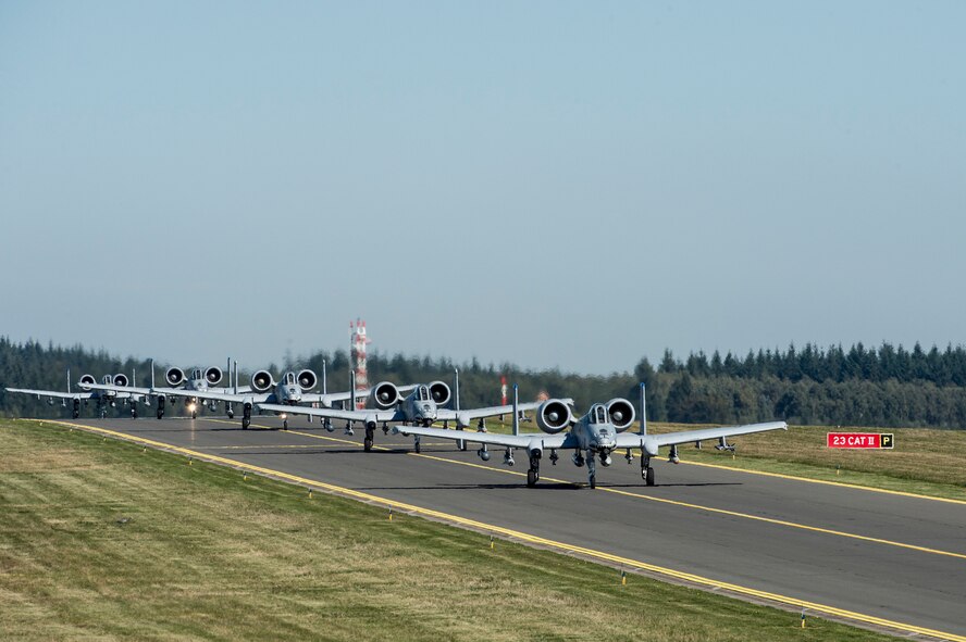 A U.S. Air Force A-10 Thunderbolt II attack aircraft, assigned to the 74th Expeditionary Fighter Squadron, lands at Spangdahlem Air Base, Germany, Oct. 2, 2015. The aircraft forward deployed from Amari Air Base, Estonia, to Spangdahlem to conduct training with nearby bases and partners. (U.S. Air Force photo by Staff Sgt. Christopher Ruano/Released)