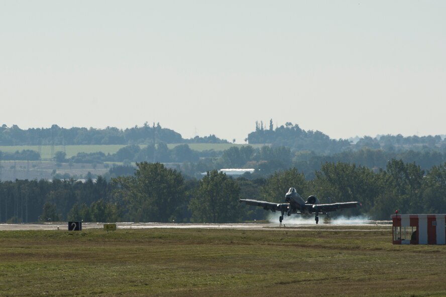 A U.S. Air Force A-10 Thunderbolt II attack aircraft, assigned to the 74th Expeditionary Fighter Squadron lands at Spangdahlem Air Base, Germany, Oct. 2, 2015. The aircraft will forward deploy to locations in Eastern Europe and work alongside NATO allies as part of a Theater Security Package in support of Operation Atlantic Resolve. (U.S. Air Force photo by Staff Sgt. Christopher Ruano/Released)