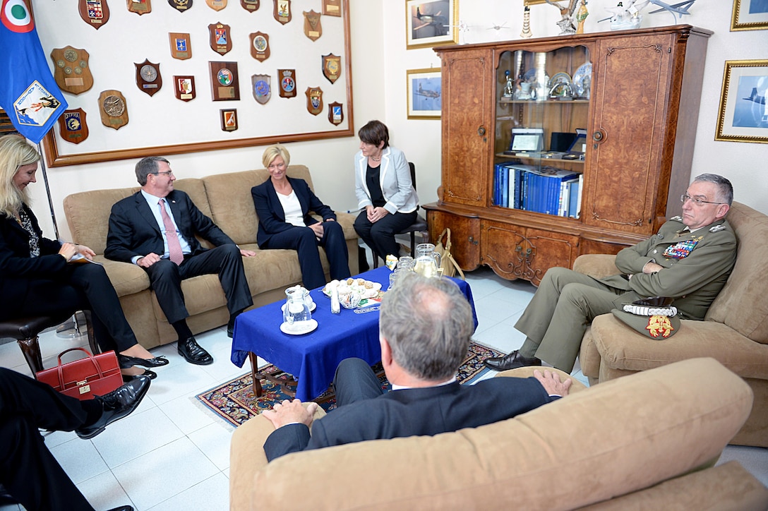 U.S. Defense Secretary Ash Carter meets with Italian Defense Minister Roberta Pinotti at Sigonella, Italy, Oct. 6, 2015. DoD photo by U.S. Army Sgt. 1st Class Clydell Kinchen