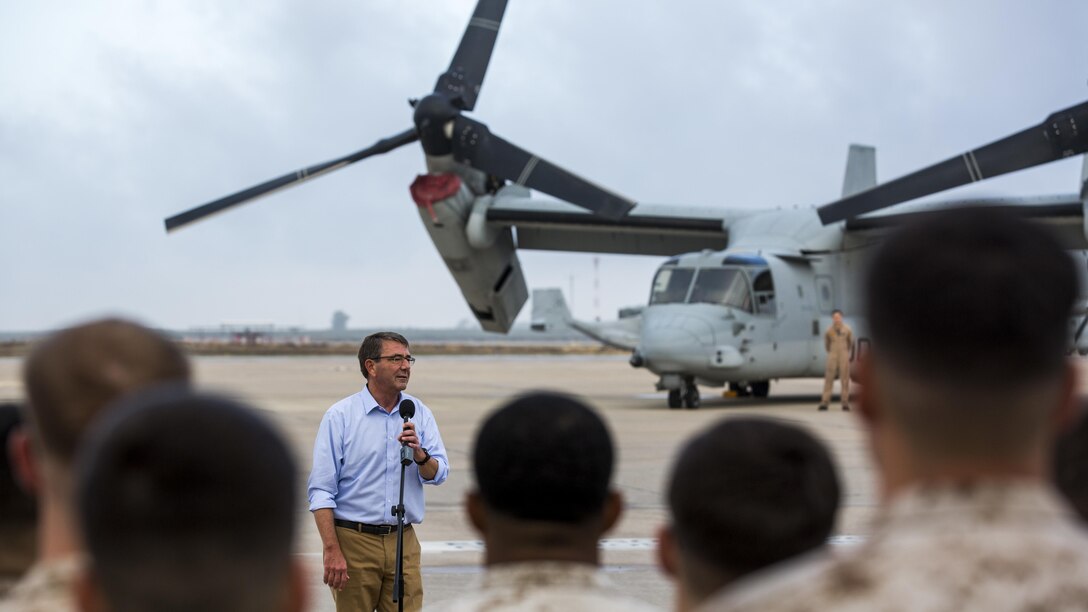 U.S. Secretary of Defense Ashton Carter visits U.S. service members at Morón Air Base, Spain, Oct. 6, 2015. During his visit, Carter thanked the service members for their hard work and emphasized the importance of strategic transition in today’s changing global security environment. 