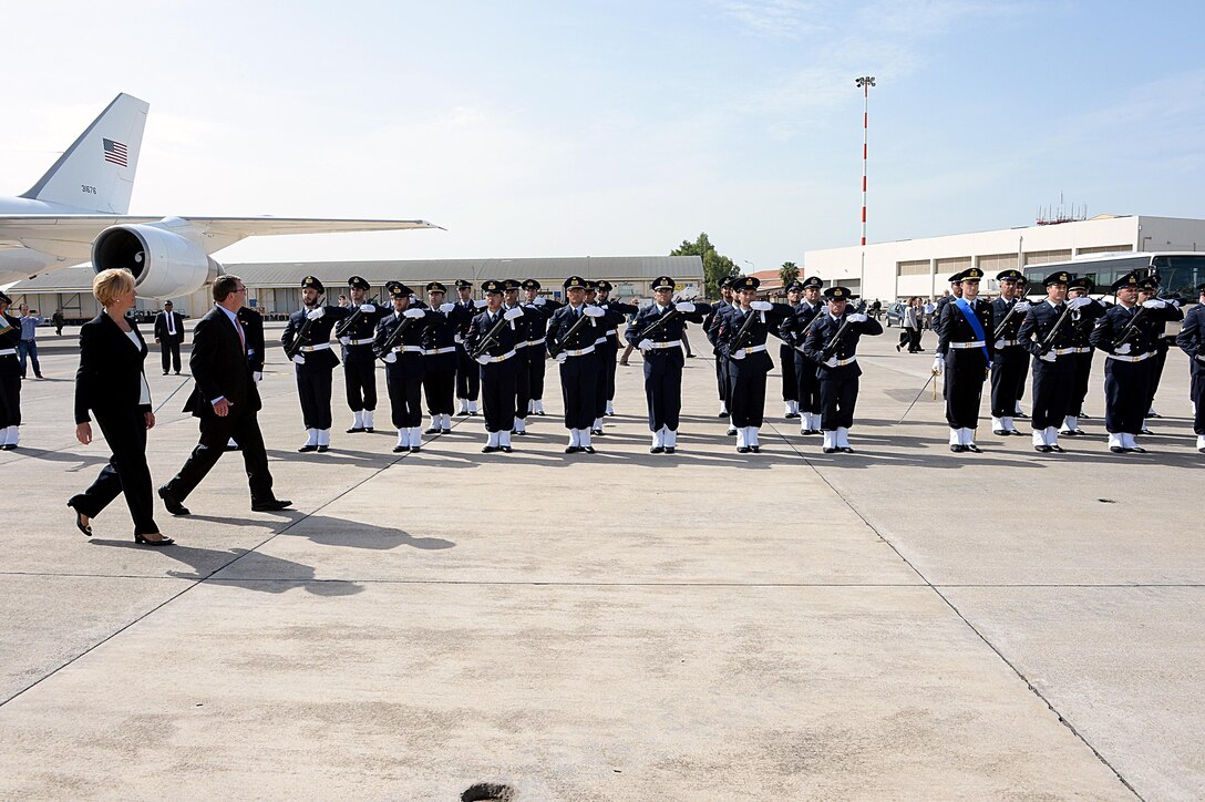 U.S. Defense Secretary Ash Carter and Italian Defense Minister Roberta Pinotti pass in front of troops during an honors arrival ceremony on Naval Air Station Sigonella, Italy, Oct. 6, 2015. DoD photo by U.S. Army Sgt. 1st Class Clydell Kinchen
