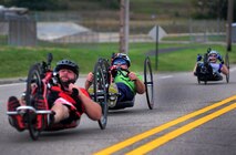 Cyclists compete during the 19th Annual U.S. Air Force Marathon, Sept. 19, 2015, near Wright-Patterson Air Force Base, Ohio. Thousands of runners and cclists from across the country attended the three-day event that began Sept. 17 and included a Sport and Fitness Expo, Gourmet Pasta Dinner and a full, and half marathon, 10K, and 5K race. (U.S. Air Force photo by Senior Airman Matthew Lotz)