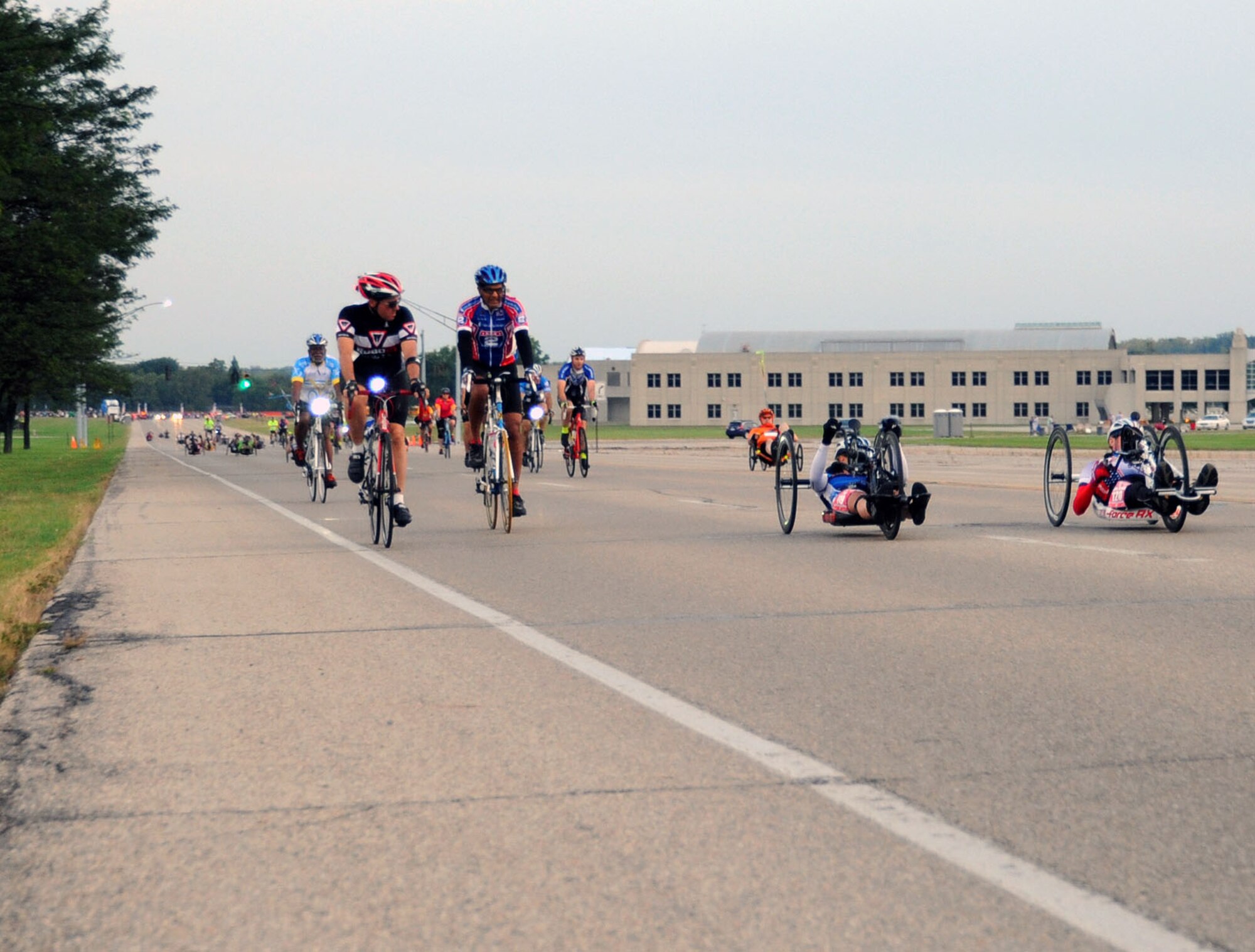 Racers compete during the 19th Annual U.S. Air Force Marathon Saturday, Sept. 19, 2015, on Wright-Patterson Air Force Base, Ohio. The marathon maxed out its entries with 15,000 competitors racing in the 10-kilometer, half marathon, and full marathon; along with more than 2,000 service members running in deployed locations around the world. The first Air Force Marathon took place in 1997 and had 2,600 racers. (U.S. Air Force photo by Staff. Sgt. Marianne Lane)