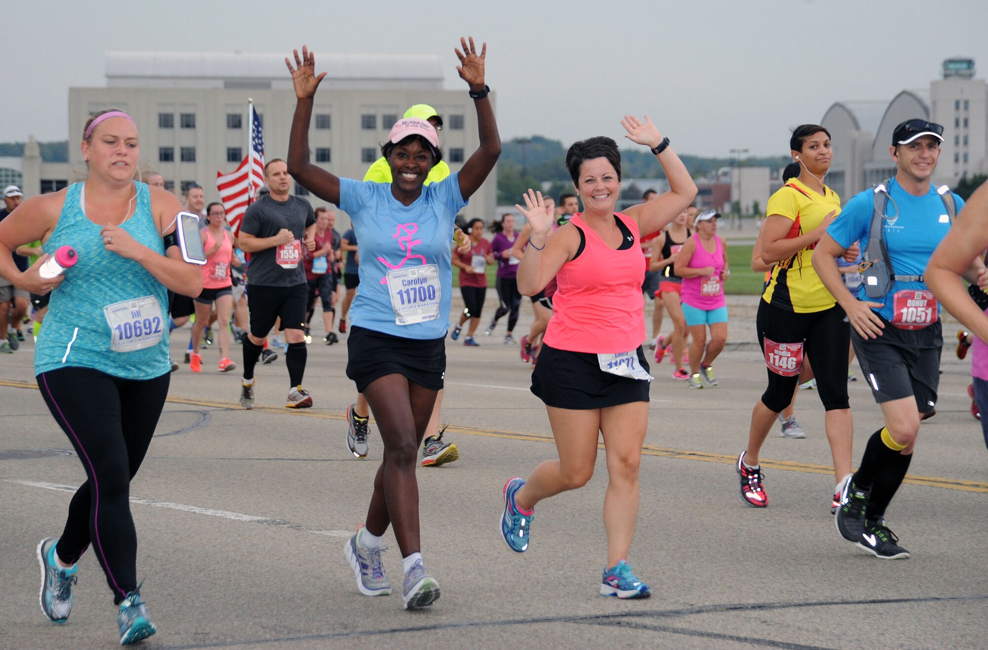 Racers compete during the 19th Annual U.S. Air Force Marathon Saturday, Sept. 19, 2015, on Wright-Patterson Air Force Base, Ohio. The marathon maxed out its entries with 15,000 competitors racing in the 10-kilometer, half marathon, and full marathon; along with more than 2,000 service members running in deployed locations around the world. The first Air Force Marathon took place in 1997 and had 2,600 racers. (U.S. Air Force photo by Staff. Sgt. Marianne Lane)