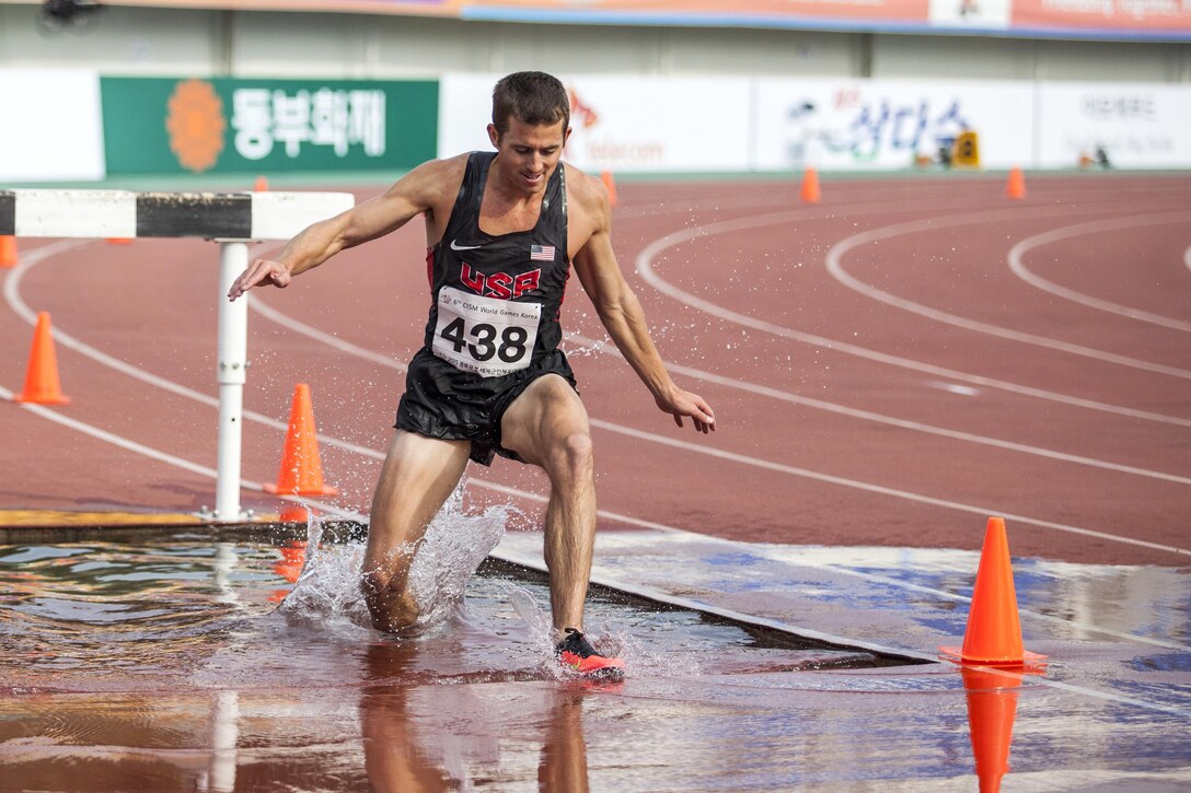 U.S. track athlete Matthew Williams competes in the Men's 3,000-meter Steeplechase event during the 6th Military World Games in Mungyeong, South Korea, Oct. 7, 2015. U.S. Marine Corps photo by Cpl. Jordan E. Gilbert