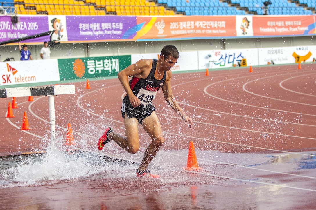 U.S. track athlete Matthew Williams competes in the Men's 3,000-meter Steeplechase event during the 6th Military World Games in Mungyeong, South Korea, Oct. 7, 2015. U.S. Marine Corps photo by Sgt. Ashley N.Cano