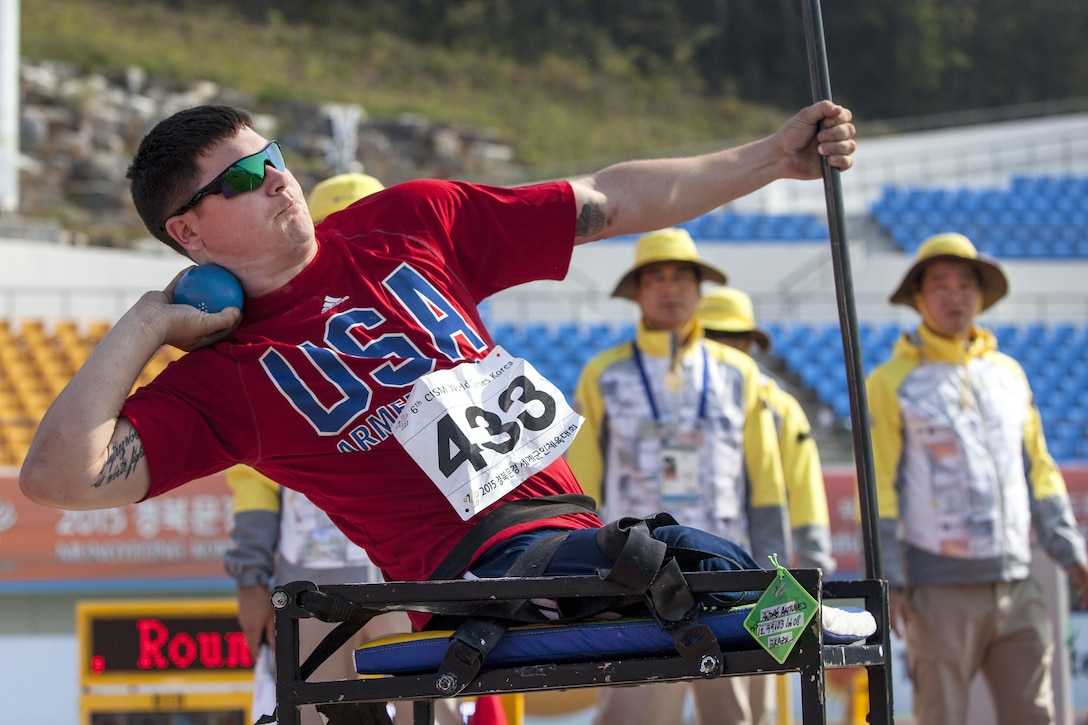 U.S. track and field athlete Ivan Sears competes in the Men’s Shot Put Para (Class D) during the 6th Military World Games in Mungyeong, South Korea, Oct. 7, 2015. U.S. Marine Corps photo by Sgt. Ashley N.Cano