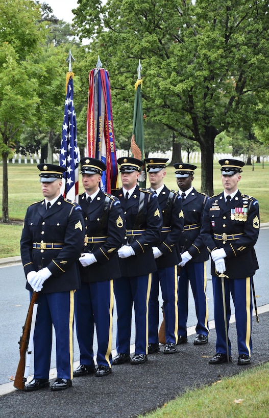 Color guard soldiers from tthe 289 military police company post at Arlington National Cemetery for the Military Police Corps Regimental Remembrance Ceremony held Sept. 30.  Guests pay special tribute to the Military Police who sacrificed their lives while serving during the last year. (U.S. Army photo taken by Sgt. Elizabeth Taylor/Released)