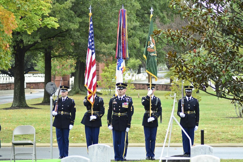 Color guard soldiers fromt the 289 military police company post at Arlington National Cemetery for the Military Police Corps Regimental Remembrance Ceremony held Sept. 30. Guests pay special tribute to the Military Police who sacrificed their lives while serving during the last year. (U.S. Army photo taken by Sgt. Elizabeth Taylor/released)