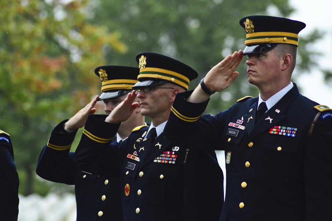 Military Police Soldiers gather at Arlington National Cemetery for the Military Police Corps Regimental Remembrance Ceremony held Sept. 30. Guests pay special tribute to the Military Police who sacrificed their lives while serving during the last year. (U.S. Army photo taken by Sgt. Elizabeth Taylor/released)