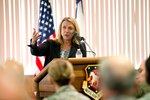 Secretary of the Air Force Deborah Lee James addresses members of the 167th Airlift Wing, Martinsburg, West Virginia, Oct. 5. James visited the 167th Airlift Wing to learn about their recent mission conversion to the C-17 Globemaster and the West Virginia Air National Guard. 