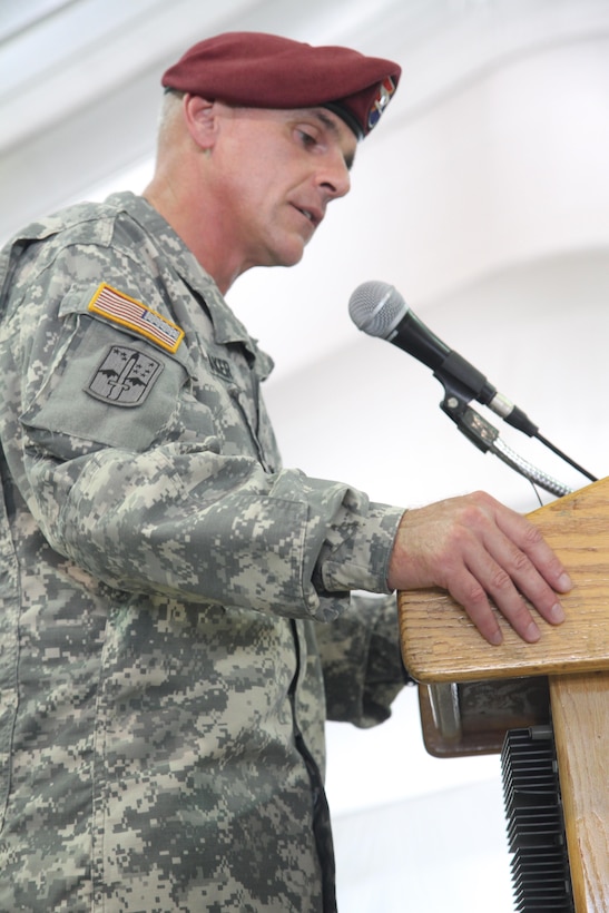 U.S. Army Col. Clint Baker, the commander of 4th Infantry Brigade Combat Team (Airborne), 25th Infantry Division, gives his final remarks at a Multinational Battle Group-East transfer of authority ceremony July 9, 2015, at Camp Bondsteel, Kosovo. The 4-25th IBCT led MNBG-E – part of the NATO peace support mission in Kosovo known as KFOR – since October 2014. During the ceremony, Baker passed MNBG-E’s leadership along to the 30th Armored Brigade Combat Team, a North Carolina National Guard unit out of Clinton, N.C. (U.S. Army photo by Sgt. Erick Yates, Multinational Battle Group-East)