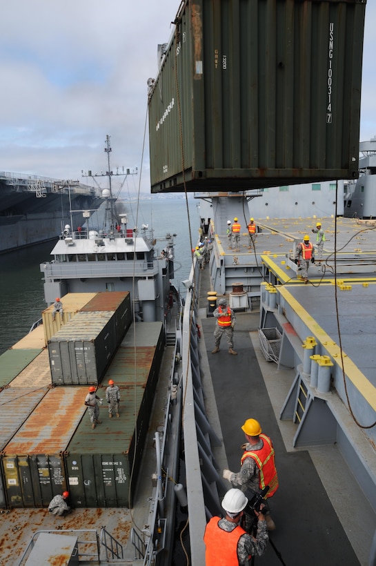 U. S. Army Reserve Soldiers of the 481st Transportation Company (Heavy Boats) and the 743rd Transportation Company conduct harbor and seaport operations training at the Big Logistics Over The Shore, West exercises at Alameda, Calif., July 30, 2015. Big Logistics Over-The-Shore, West is an annual, Army Reserve, multi-echelon functional exercise designed for transportation units and sustainment commands to hone their expertise in Logistics Over-the-Shore (LOTS) operations from July 25 to Aug. 7, 2015. More than 750 Soldiers are participating this year. The exercise has grown into a multi-component exercise involving elements from the Active Component Army, U.S. Navy, U.S. Air Force, U.S. Coast Guard, and U.S. Maritime Administration are conducting operations at three Bay-Area California training locations: Camp Parks, Alameda Point, and Military Ocean Terminal-Concord (MOTCO). (U.S. Army photo by Spc. Heather Doppke/released)