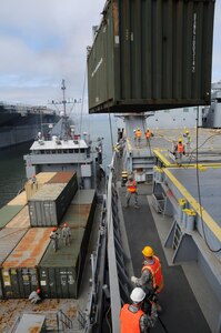 U. S. Army Reserve Soldiers of the 481st Transportation Company (Heavy Boats) and the 743rd Transportation Company conduct harbor and seaport operations training at the Big Logistics Over The Shore, West exercises at Alameda, Calif., July 30, 2015. Big Logistics Over-The-Shore, West is an annual, Army Reserve, multi-echelon functional exercise designed for transportation units and sustainment commands to hone their expertise in Logistics Over-the-Shore (LOTS) operations from July 25 to Aug. 7, 2015. More than 750 Soldiers are participating this year. The exercise has grown into a multi-component exercise involving elements from the Active Component Army, U.S. Navy, U.S. Air Force, U.S. Coast Guard, and U.S. Maritime Administration are conducting operations at three Bay-Area California training locations: Camp Parks, Alameda Point, and Military Ocean Terminal-Concord (MOTCO). (U.S. Army photo by Spc. Heather Doppke/released)