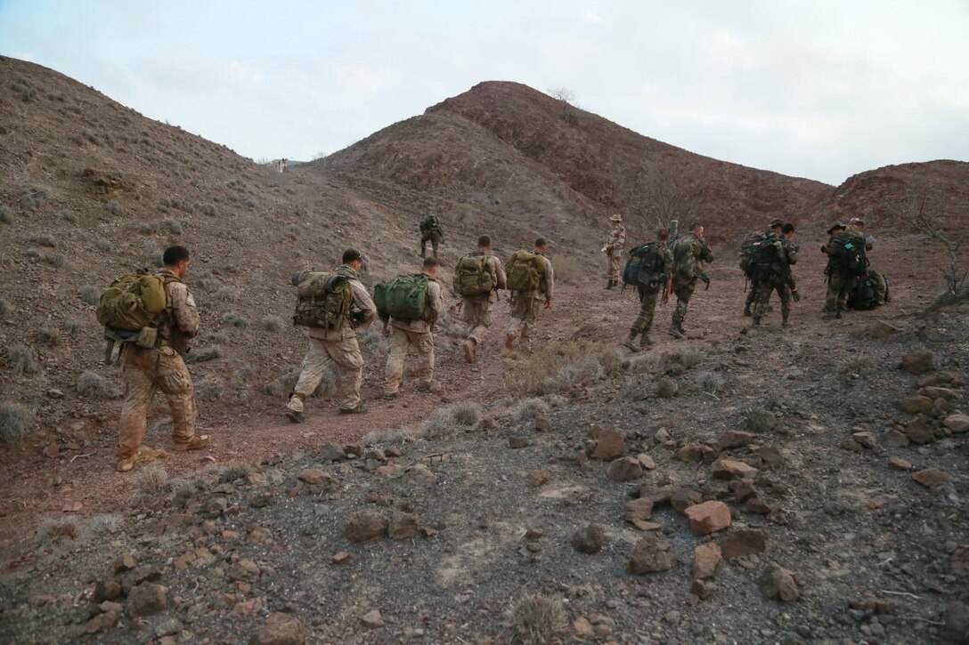 ARTA BEACH, Djibouti (Sept. 29, 2015) U.S. Marines with the 15th Marine Expeditionary Unit patrol alongside soldiers with the French 5th Overseas Combined Arms Regiment (RIAOM) during a desert survival course. Elements of the 15th MEU are training with the 5th RIAOM in Djibouti in order to improve interoperability between the MEU and the French military. (U.S. Marine Corps photo by Sgt. Steve H. Lopez/Released)