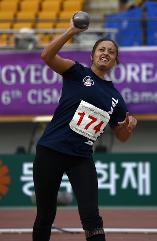 U.S. Army Sgt. Elizabeth Wasil heaves the shot put 6.46 meters to take gold in the Women's Shot Put Para final during the 6th Military World Games in Mungyeong, South Korea, Oct. 4, 2015. It was the first 2015 gold for Team USA and the first ever in para track and field in the history of the world games. DoD photo by Gary Sheftick