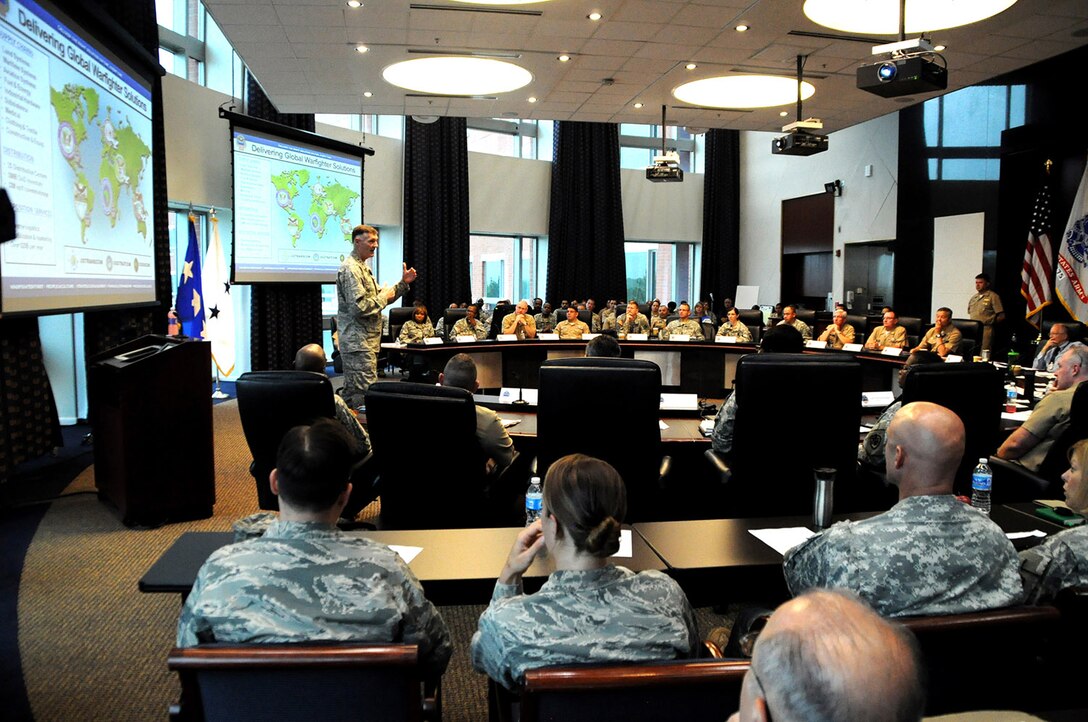 Navy Capt. Richard Barlament, DLA Joint Reserve Force chief of staff, speaks during a manpower working group during the Combined Drill Weekend June 28 at the McNamara Headquarters Complex. JRF members from throughout DLA attended the two-day event, which focused on readiness, training and operational support to DLA. 