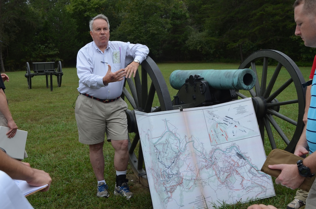 Dr. John Gordon, retired Marine and Command and Staff College professor, briefs his students on the Battle of Chancellorsville from the artillery site at Hazel Grove on Sept. 29. 