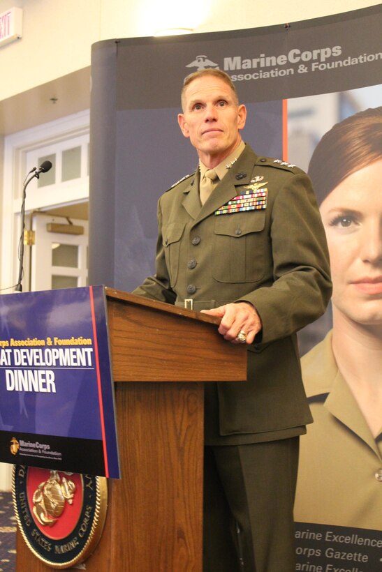 Lt. Gen. Robert Walsh speaks at the Marine Corps Association and Foundation Combat Development Dinner at The Clubs at Quantico on Oct. 1. Walsh spoke about better integrating the Marine Air Ground Task Force across the Corps.