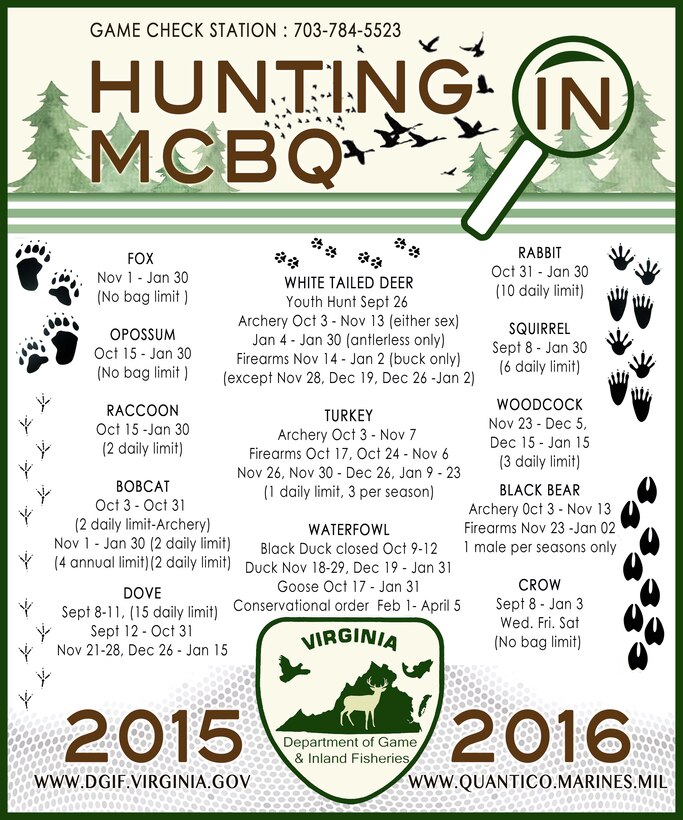 Hunting Season for 2015 will open soon. Hunters should visit the game check station on the west side of the base for up-to-date rule changes and which areas of the base are open to hunters.