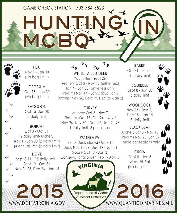 Hunting Season for 2015 will open soon. Hunters should visit the game check station on the west side of the base for up-to-date rule changes and which areas of the base are open to hunters.
