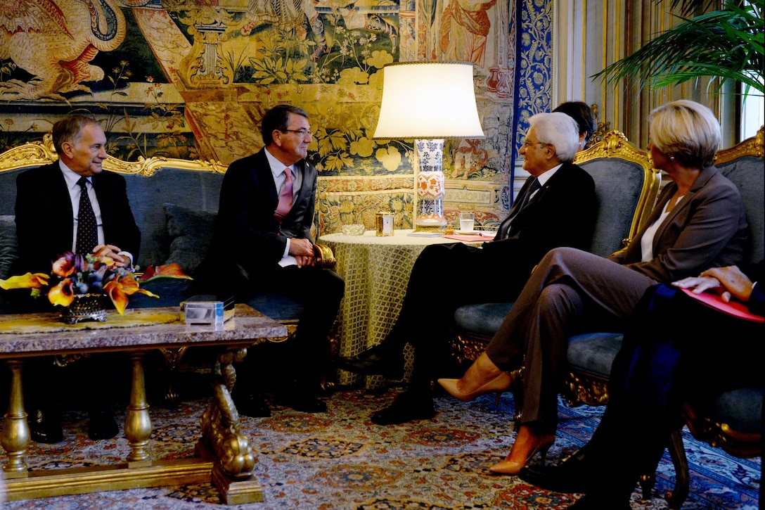 U.S. Defense Secretary Ash Carter meets with Italian President Sergio Mattarella and Italian Defense Minister Roberta Pinotti at the Quirinal Palace in Rome, Oct. 7, 2015. Carter is on a five-day trip to Europe to attend the NATO Defense Ministerial Conference in Brussels, and meet with counterparts in Spain, Italy and the United Kingdom. DoD photo by U.S. Army Sgt. 1st Class Clydell Kinchen
