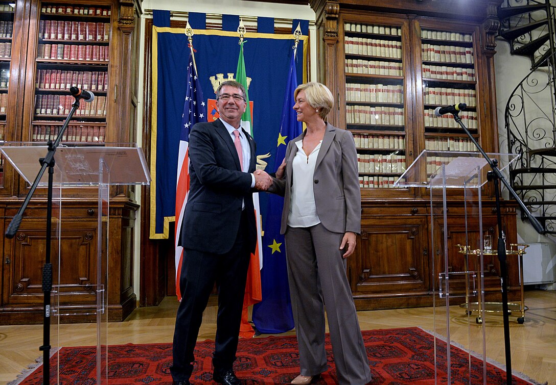 U.S. Defense Secretary Ash Carter and Italian Defense Minister Roberta Pinotti shake hands following their joint press conference, Oct. 7, 2015. Carter is on a five-day trip to Europe to attend the NATO Defense Ministerial Conference in Brussels, and meet with counterparts in Spain, Italy and the United Kingdom. DoD photo by U.S. Army Sgt. 1st Class Clydell Kinchen
