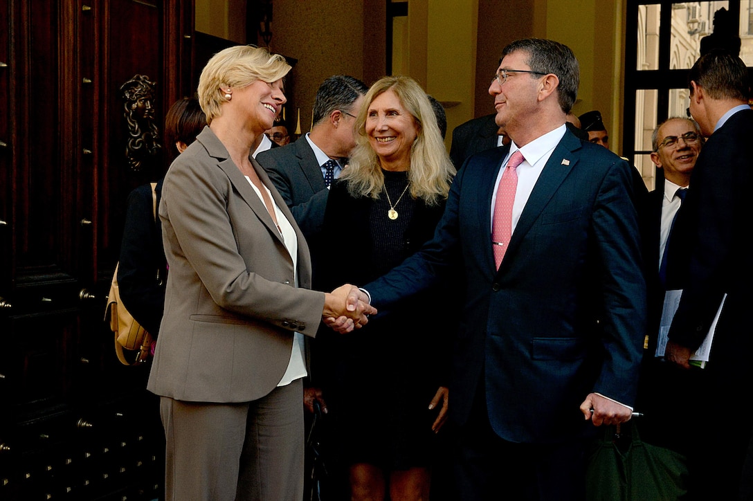 U.S. Defense Secretary Ash Carter and Italian Defense Minister Roberta Pinotti bid farewell to each other in Rome, Oct. 7, 2015. Carter is on a five-day trip to Europe to attend the NATO Defense Ministerial Conference in Brussels, and meet with counterparts in Spain, Italy and the United Kingdom. DoD photo by U.S. Army Sgt. 1st Class Clydell Kinchen