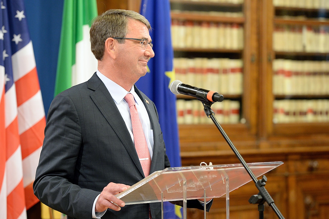 U.S. Defense Secretary Ash Carter smiles during a joint press conference in Rome, Oct. 7, 2015. Carter is on a five-day trip to Europe to attend the NATO Defense Ministerial Conference in Brussels, and meet with counterparts in Spain, Italy and the United Kingdom. DoD photo by U.S. Army Sgt. 1st Class Clydell Kinchen