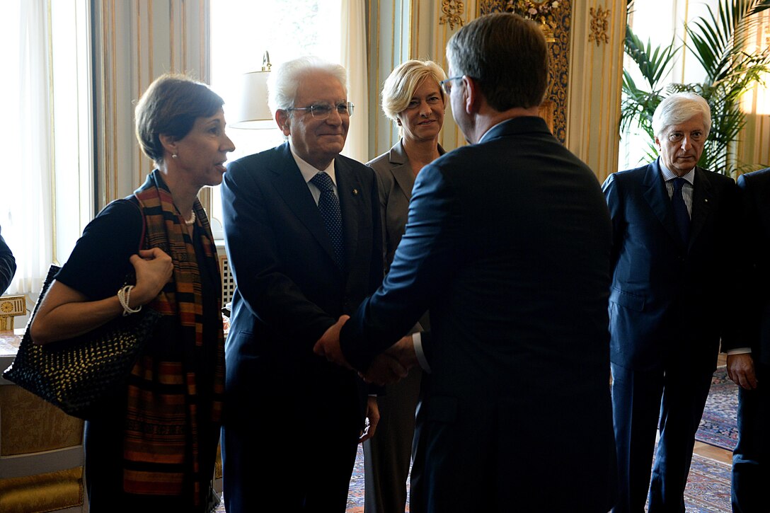U.S. Defense Secretary Ash Carter greets Italian President Sergio Mattarella at the Quirinal Place in Rome, Oct. 7, 2015. Carter is on a five-day trip to Europe to attend the NATO Defense Ministerial Conference in Brussels, and meet with counterparts in Spain, Italy and the United Kingdom. DoD photo by U.S. Army Sgt. 1st Class Clydell Kinchen