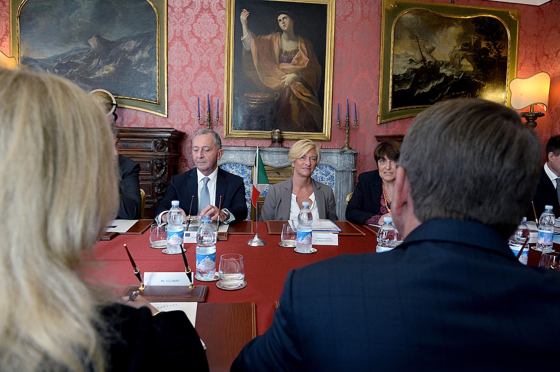 Italian Defense Minister Roberta Pinotti, center, meets with U.S. Defense Secretary Ash Carter, right foreground, at the Quirinal Palace in Rome, Oct. 7, 2015. Carter is on a five-day trip to Europe to attend the NATO Defense Ministerial Conference in Brussels, and meet with counterparts in Spain, Italy and the United Kingdom. DoD photo by U.S. Army Sgt. 1st Class Clydell Kinchen)