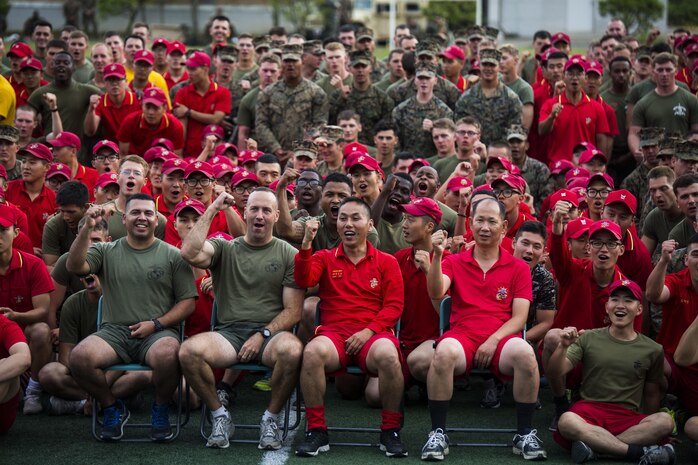 U.S. Marine Lt. Col. Brian P. Coyne, center left, celebrates the successful completion of sports day with Republic of Korea Lt. Col. Yoo Hogeun, right center, during Korean Marine Exchange Program 15-12 at Chung Ryong, Republic of Korea, Sept. 12, 2015. The Marines participated in a number of events, including a weighted pack run, soccer, basketball and tug of war. KMEP 15-12 is a continuous bilateral training exercise that enhances the ROK and U.S. alliance, promotes stability on the Korean Peninsula and strengthens ROK and U.S. military capabilities and interoperability. Coyne, from Long Island, New York, is the commanding officer of 2nd Battalion, 3rd Marine Division, currently attached to 4th Marine Regiment, III Marine Expeditionary Force through the Unit Deployment Program. Hogeun, from Kangwondo, ROK, is the commanding officer of 11th Battalion, 1st Regiment, 2nd Marine Division.
