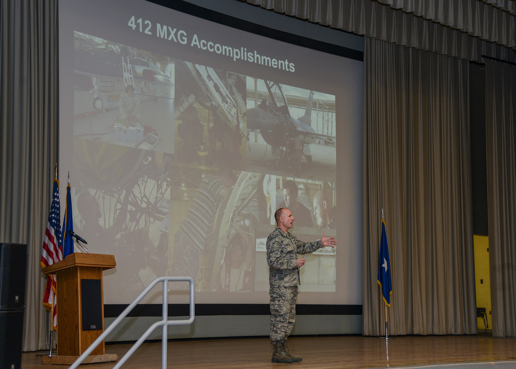 Six months into his command, Brig. Gen. Carl Schaefer, 412th Test wing commander, addresses the base during a commander’s call Oct. 5. (U.S. Air Force photo by Rebecca Amber)