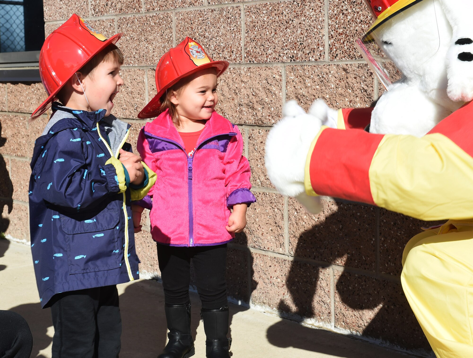 Children from the Crested Butte Child Development Center meet Sparky the Fire Dog Oct. 7, 2015, on Buckley Air Force Base, Colo. Sparky was part of a visit from the Buckley Fire Department to both CDCs on base to spread the word about Fire Prevention Week. The fire department also brought fire trucks for the children to look at, along with plastic fire helmets and coloring books for them to take home. (U.S. Air Force photo by Airman 1st Class Samantha Meadors/Released)