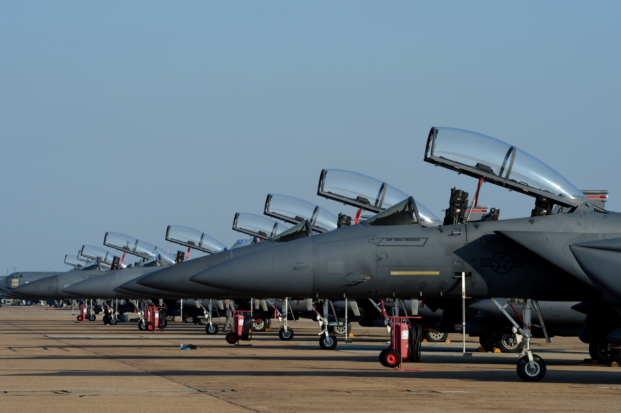 F-15E Strike Eagles assigned to the 4th Fighter Wing at Seymour Johnson Air Force Base, North Carolina, are parked on the flightline at Barksdale Air Force Base, La., Oct. 6, 2015. The Strike Eagles evacuated to Barksdale to escape potential damage caused by Hurricane Joaquin as it hit along the East Coast of the United States. (U.S. Air Force photo/Senior Airman Joseph A. Pagán Jr.)