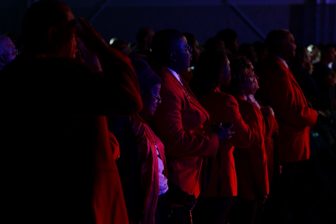 Tuskegee Airmen from the Tidewater Chapter attend a Tops in Blue performance at the Hampton Roads Convention Center in Hampton, Va., Oct. 6, 2015. During the 7-month tour, the group performs up to 75 times, including shows for deployed U.S. Service members. (U.S. Air Force photo by Staff Sgt. Ciara Gosier/Released)