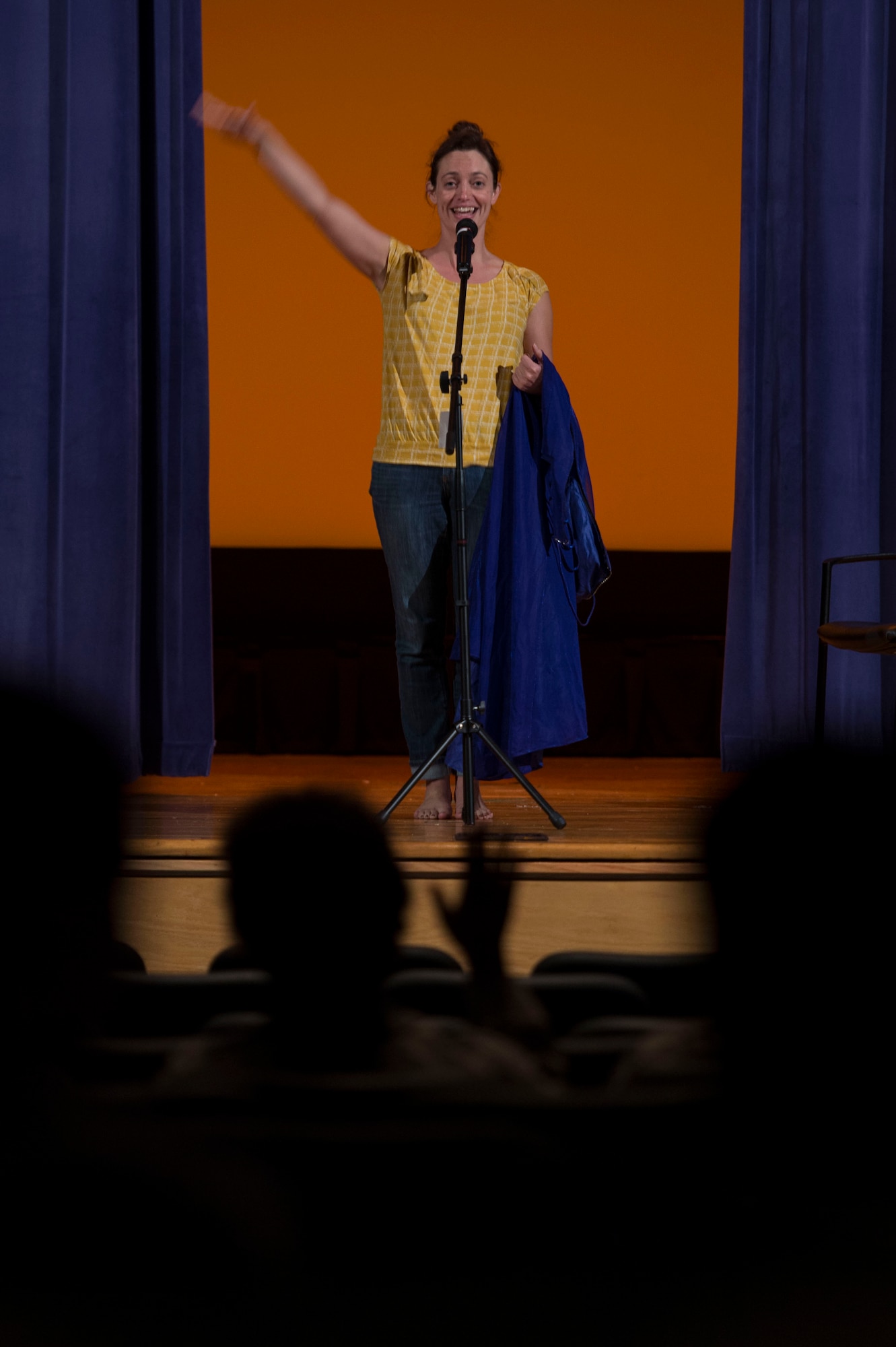 Stacy Fischer, Deana’s Educational Theater actress, performs “The Yellow Dress” performance at Langley Air Force Base, Va., Sept. 30, 2015. “The one-woman show is based on the stories of victims of dating violence. (U.S. Air Force photo by Senior Airman Kayla Newman/Released)