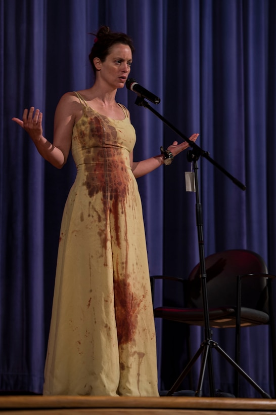 Stacy Fischer, actress, plays the role of “Anna” during “The Yellow Dress” performance at Langley Air Force Base, Va., Sept. 30, 2015. “The Yellow Dress” was designed to stimulate thought-provoking discussion about relationships. (U.S. Air Force photo by Senior Airman Kayla Newman/Released)